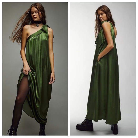Free People Soa Tie One Shoulder Silky Maxi Dress Gown in Emerald Green - Picture 1 of 11
